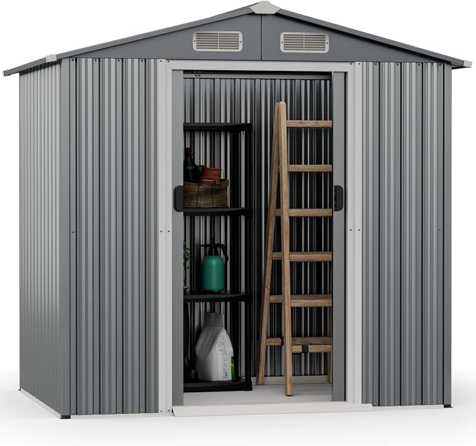 etevert - Abri jardin métal galvanisé - 3,7m³ - double porte, aération, rampe