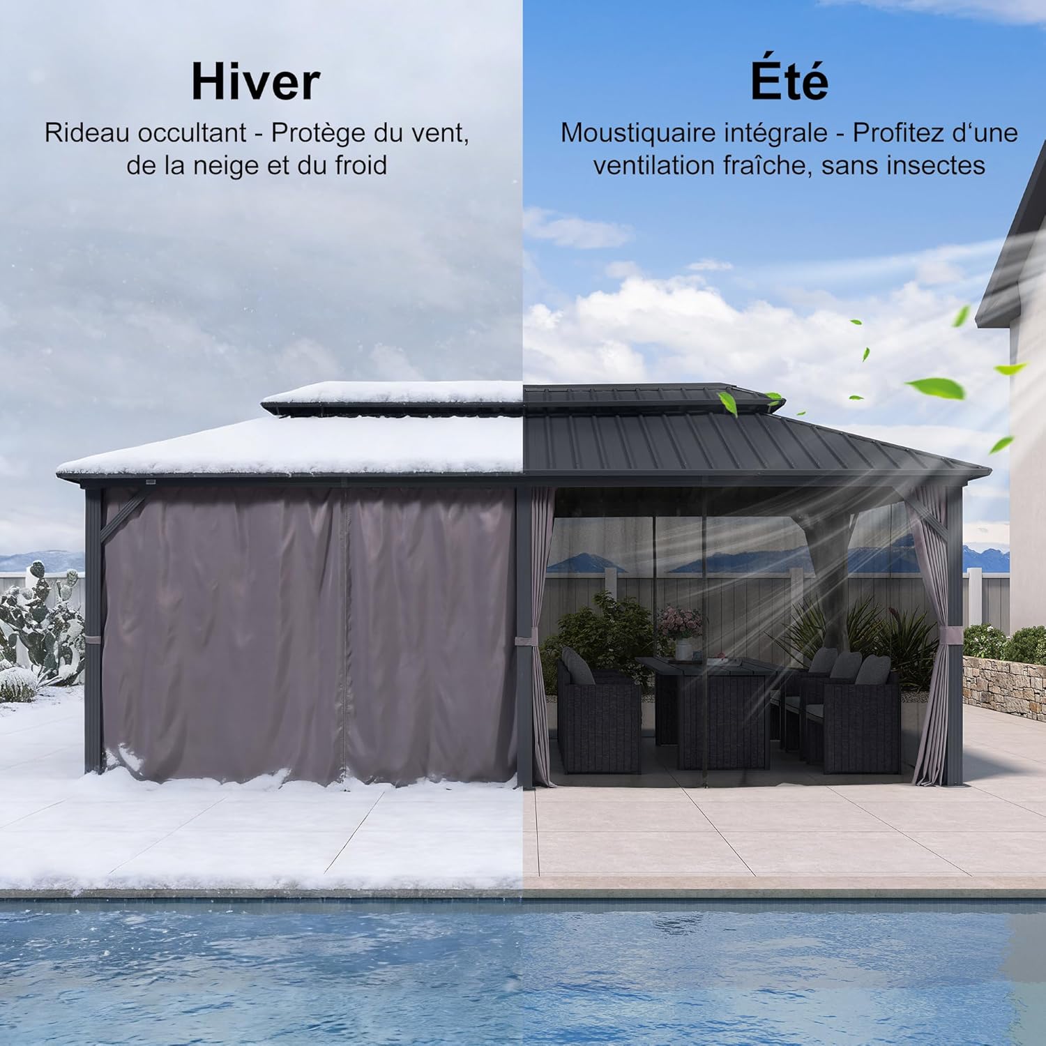etevert - pergola double toit 6x3m, alu & acier, rideaux & moustiquaire