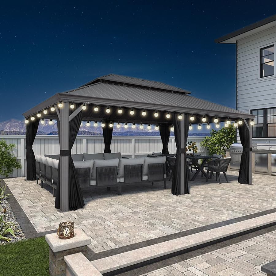 etevert - pergola double toit - 4,25x6m - alu, rideaux, moustiquaire, guirlande
