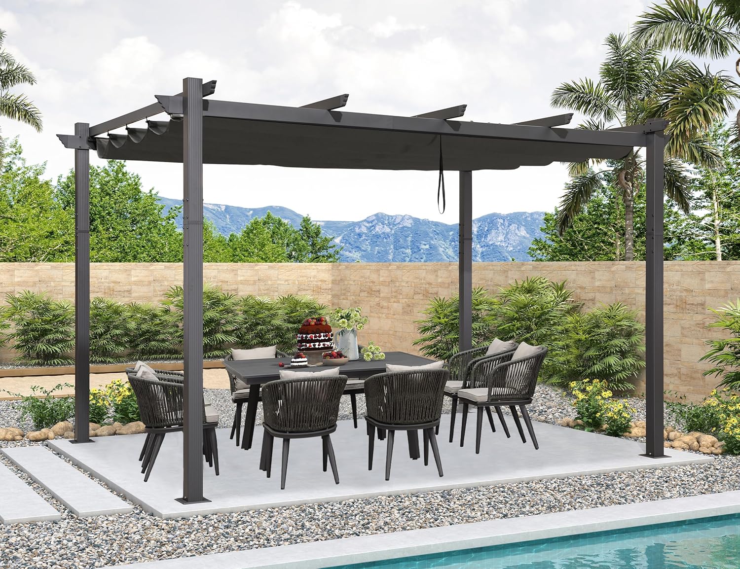 etevert - pergola aluminium - 4x3m - toit coulissant, tissu teint