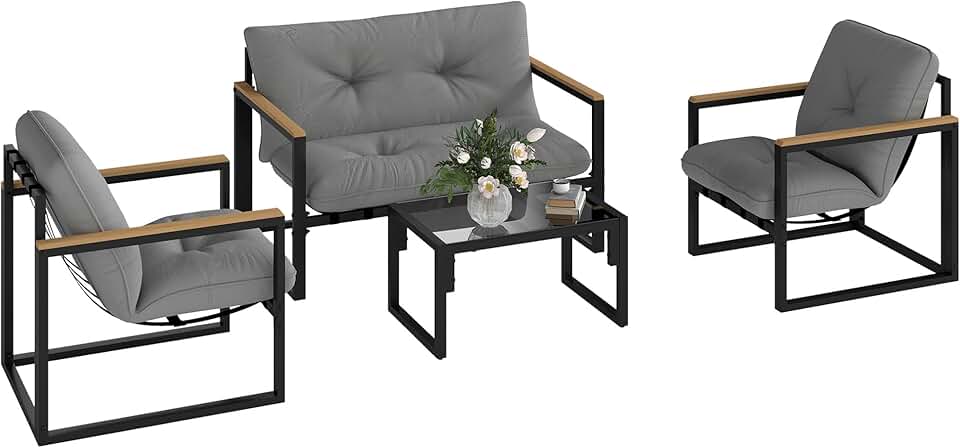 etevert - Salon de jardin 4 places - canapé, 2 fauteuils, table en verre, coussins inclus, gris
