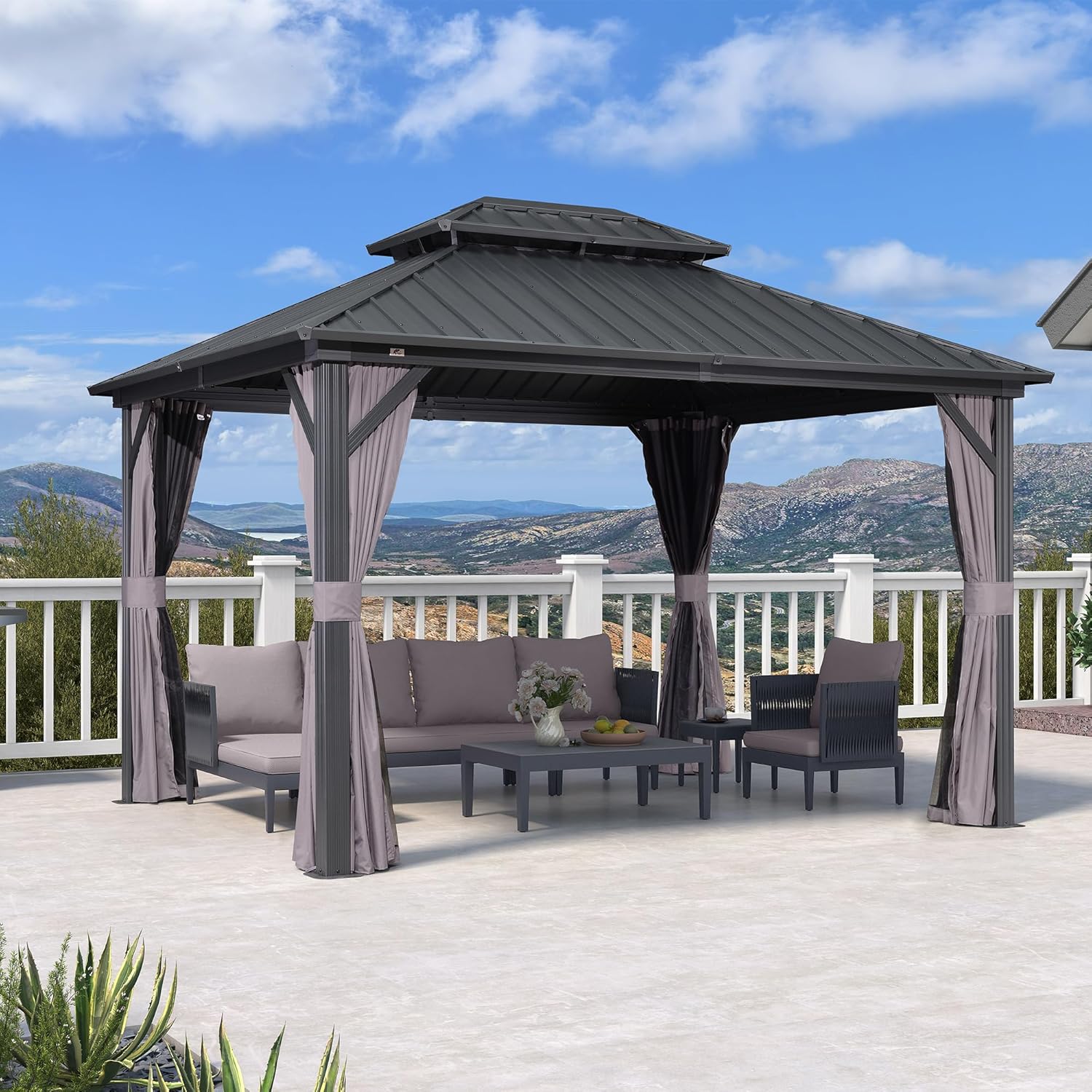 etevert - Pergola aluminium double toit 3,65x3m rideaux moustiquaire