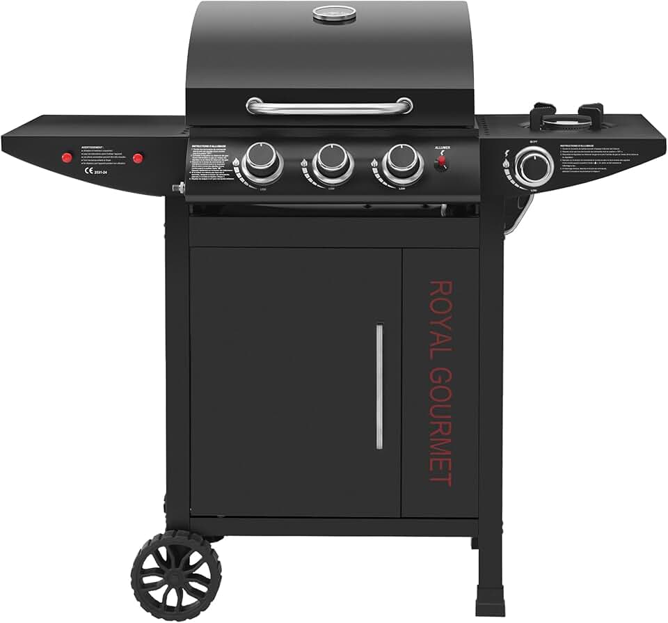 etevert - barbecue gaz 3+1 brûleurs inox - 11,5 kW - chariot, 2 roues, thermomètre