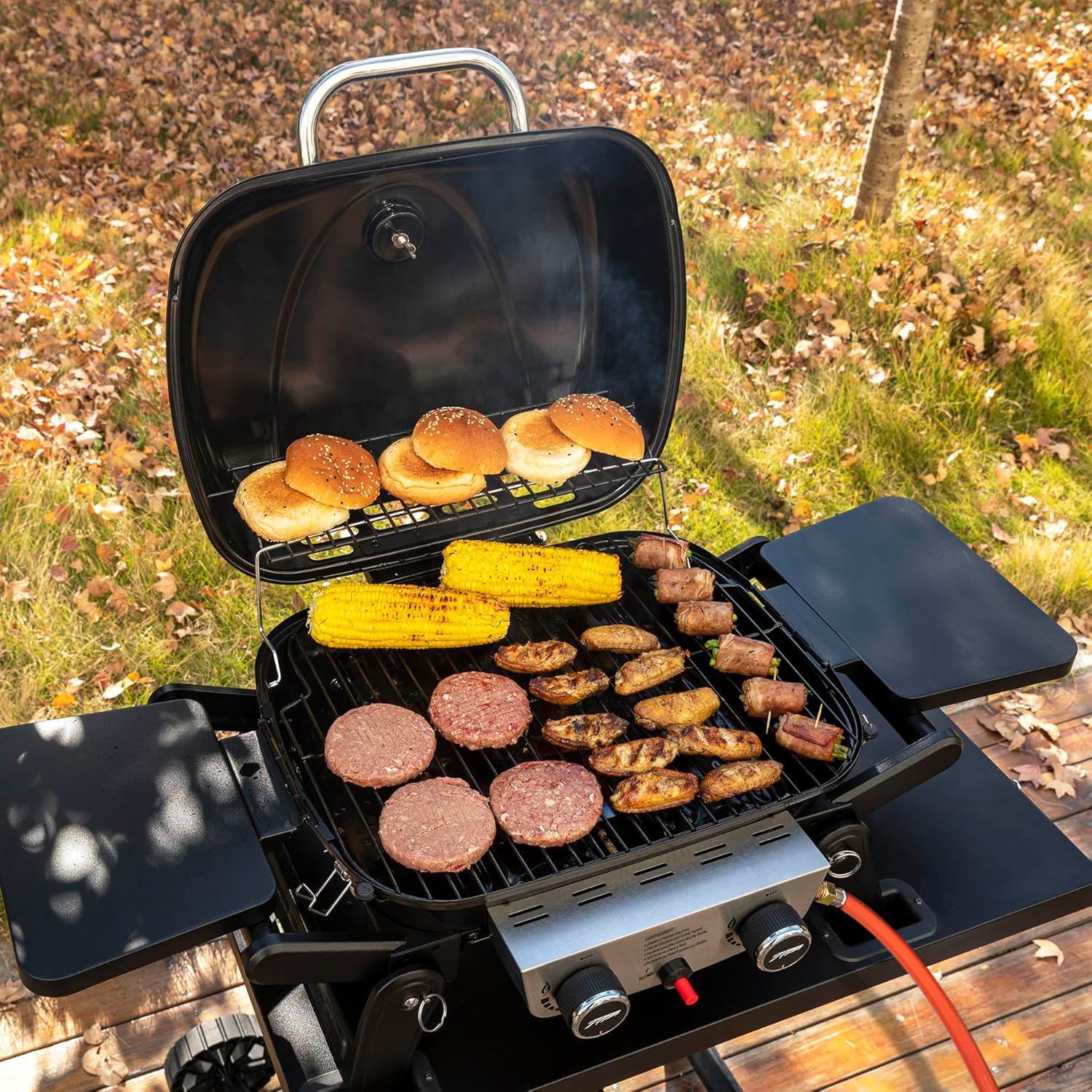 etevert - Barbecue Gaz 2 brûleurs - 48x37 cm - tables pliables, 5kW