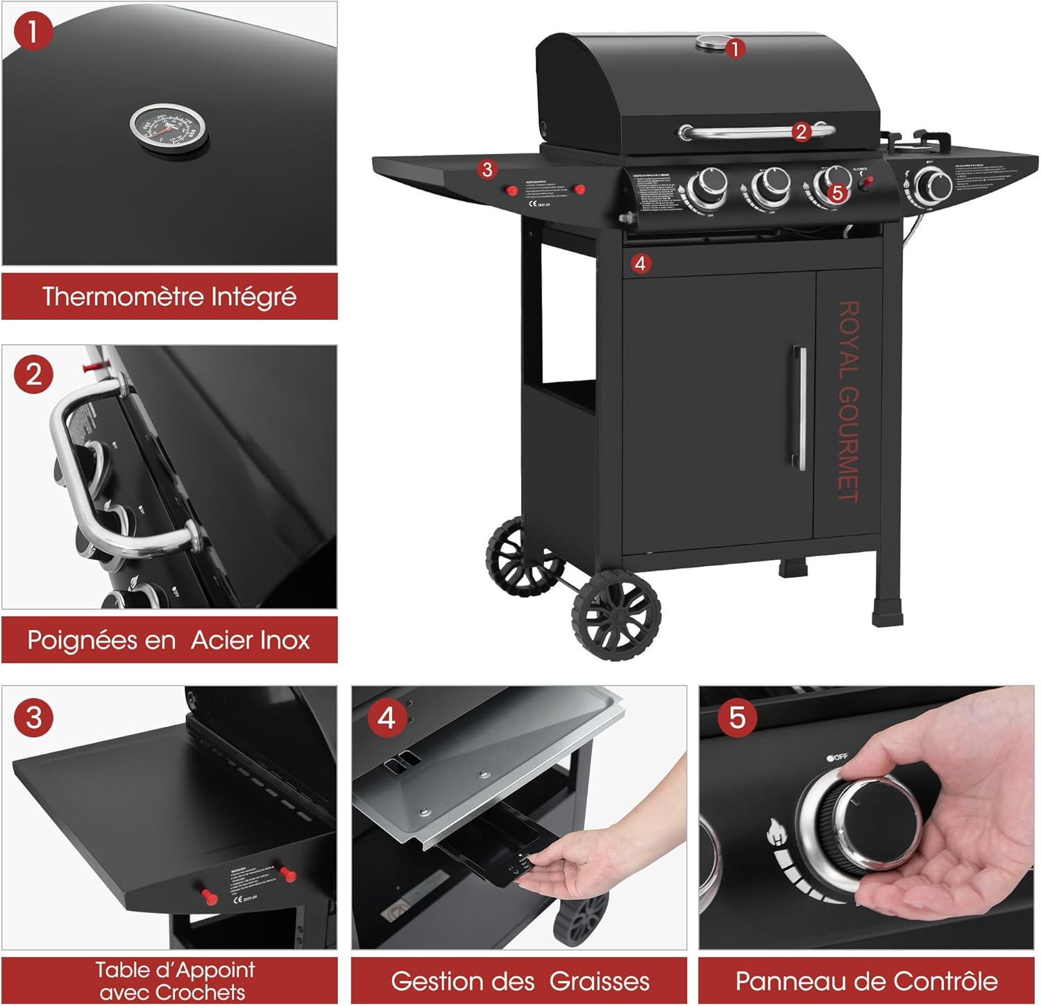etevert - barbecue gaz 3+1 brûleurs inox - 11,5 kW - chariot, 2 roues, thermomètre