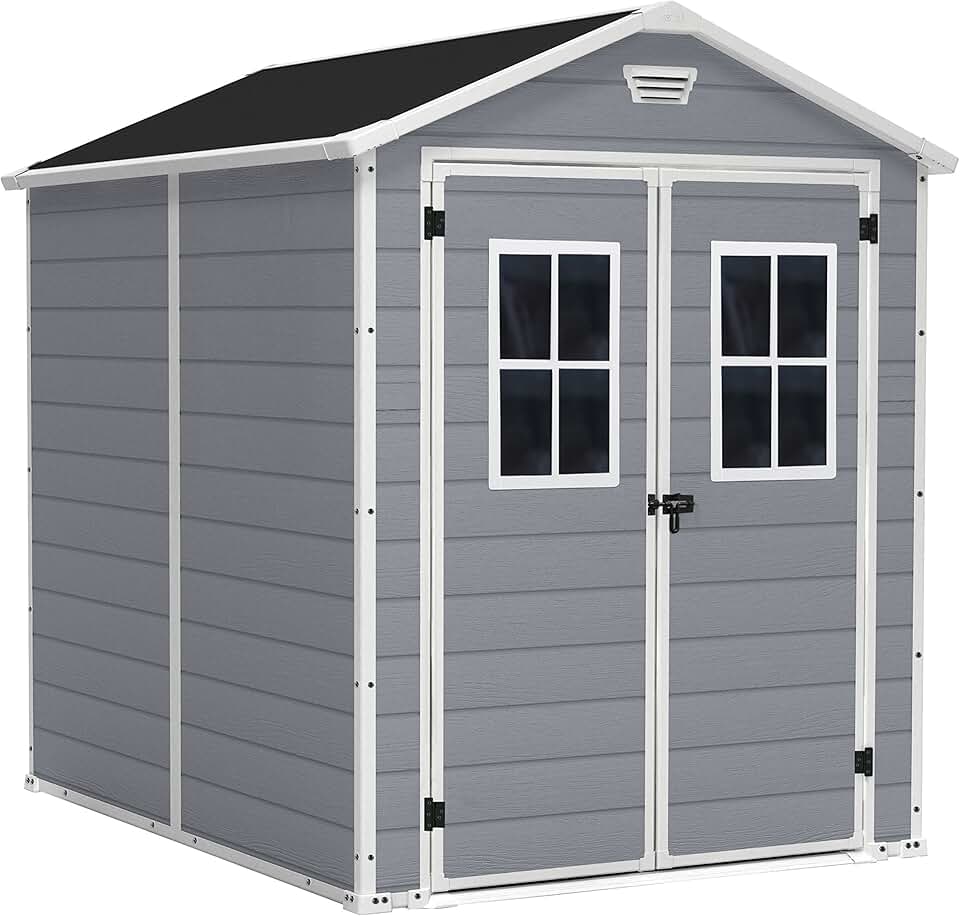 etevert - abri de jardin Premium - 186x237x227 cm, résine gris, double porte, fenêtres - 12-929579