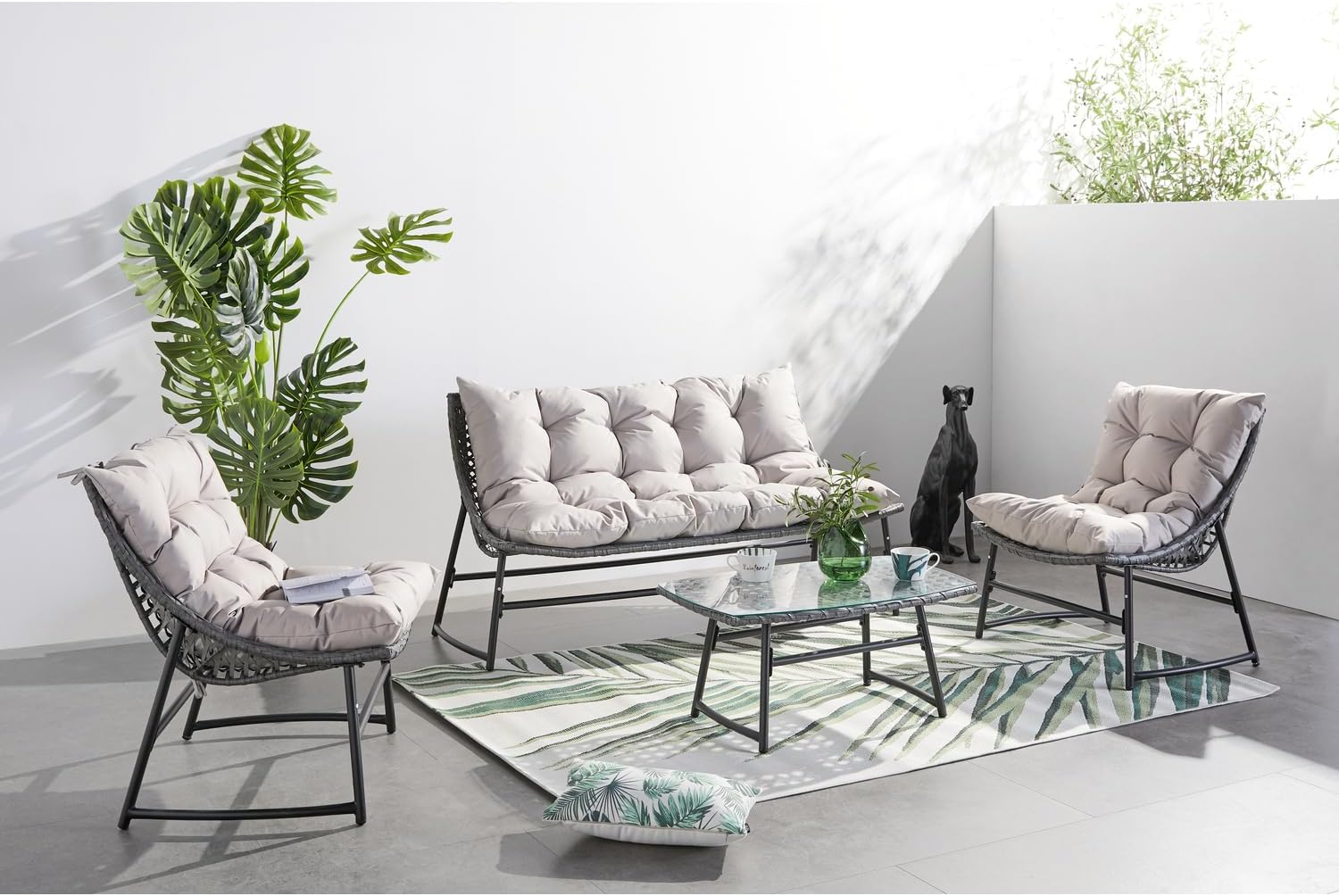 etevert - Guahana - salon bas 4 places, acier, rotin, coussins épais