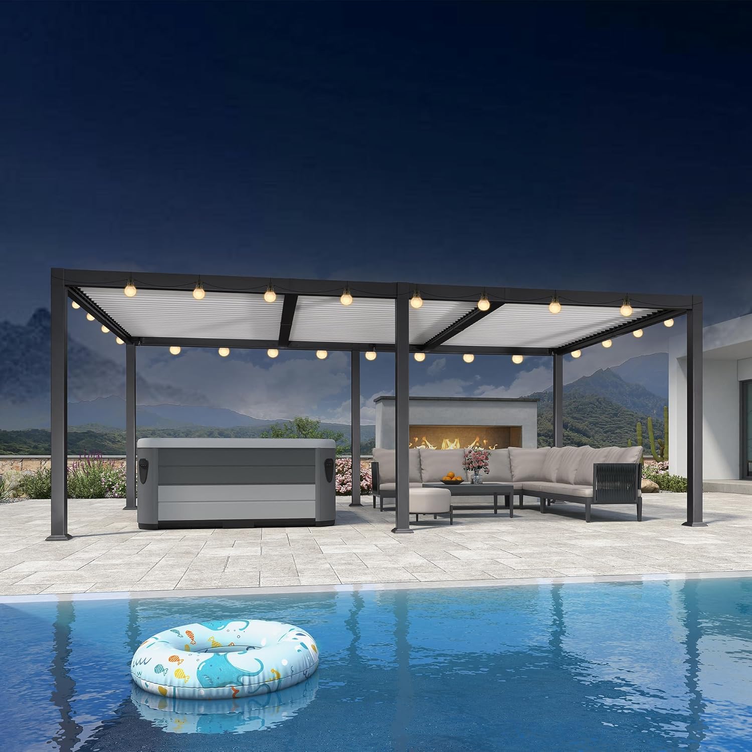 etevert - Pergola Bioclimatique - 6,35x3,5m - Aluminium, éclairage, lames orientables, poteaux blancs