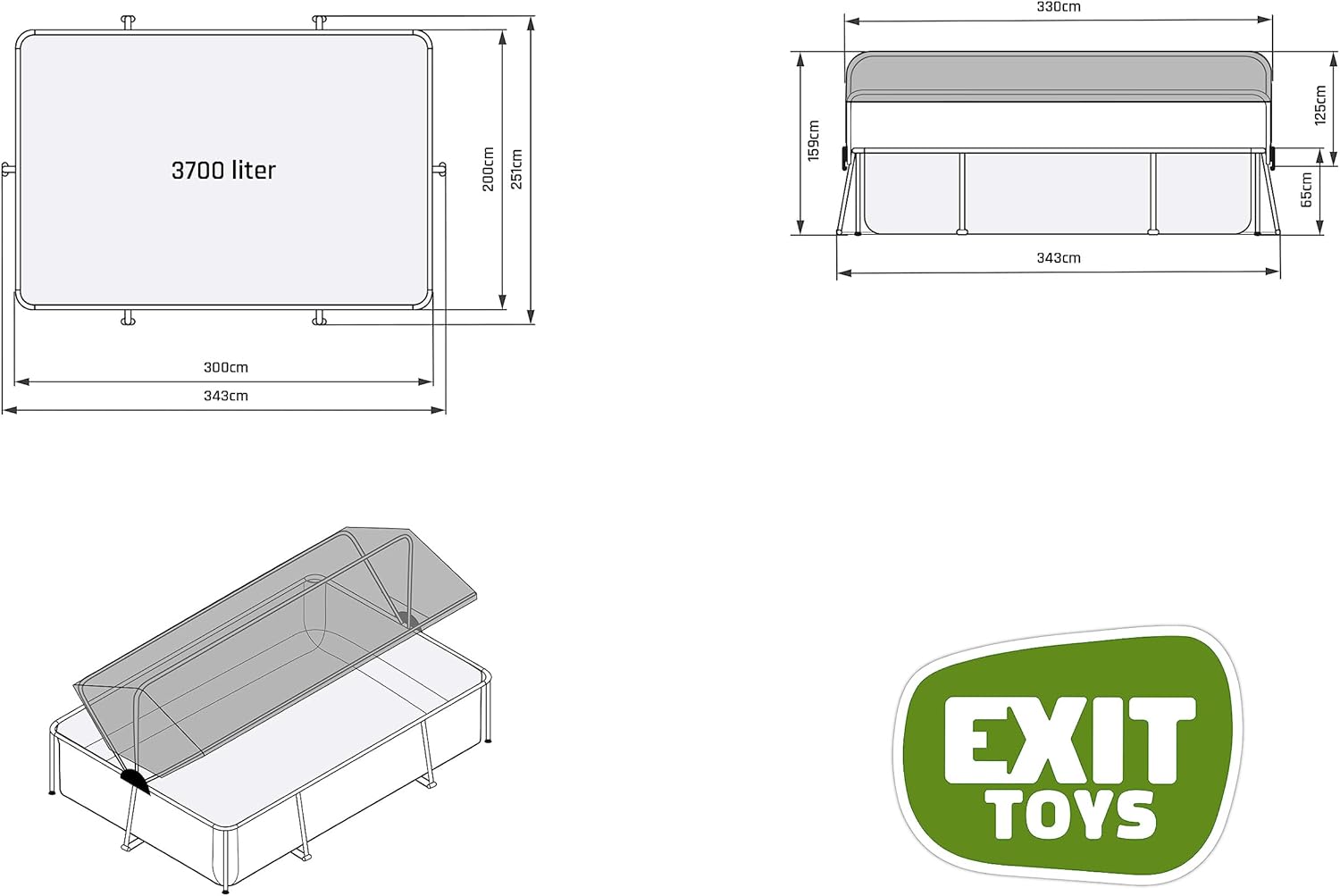 etevert Piscine Soft Grey avec Voile d'Ombrage - 300x200x65cm - Piscine Hors Sol Rectangulaire avec Pompe Filtrante à Cartouche - Protection Optimale Contre Les Rayons UV - Entrée Basse - Gris
