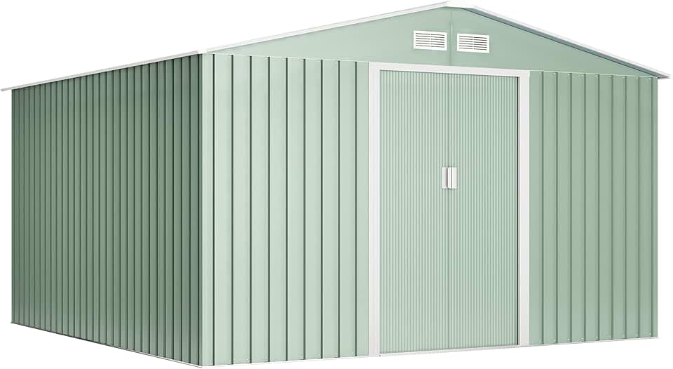 etevert - abri de jardin métal - 10,2m2 - double porte coulissante, grilles de ventilation