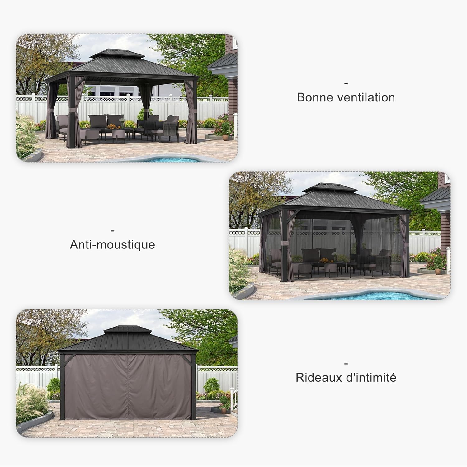 etevert - tonnelle aluminium - 4,25x3,65m - éclairage intégré, rideaux moustiquaires, gouttière, poteaux renforcés