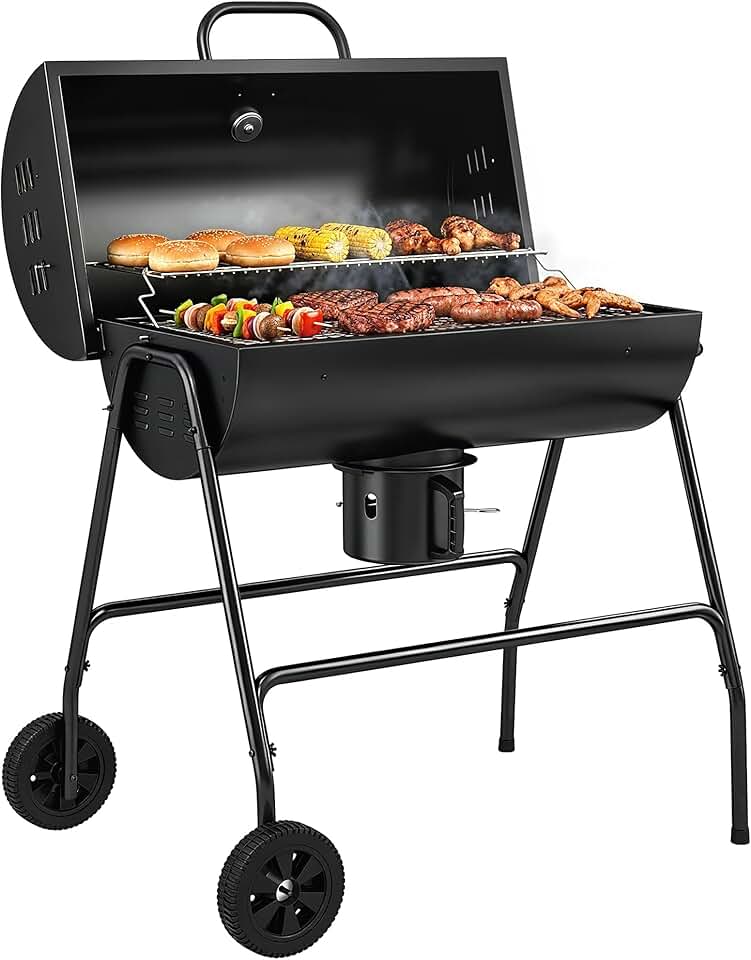 etevert - barbecue charbon de bois, 95x71,5x102cm, couvercle, thermomètre, roues