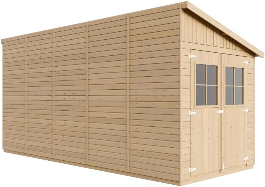 Abri de Jardin en Bois Naturel (avec paroi latérale) Plus Les PLANCHERS IMPRÉGNÉ- Stockage extérieur avec fenêtres- H244x218x514 cm/10 m2- Atelier Rangement Outils et vélos- etevert M341A+M341G