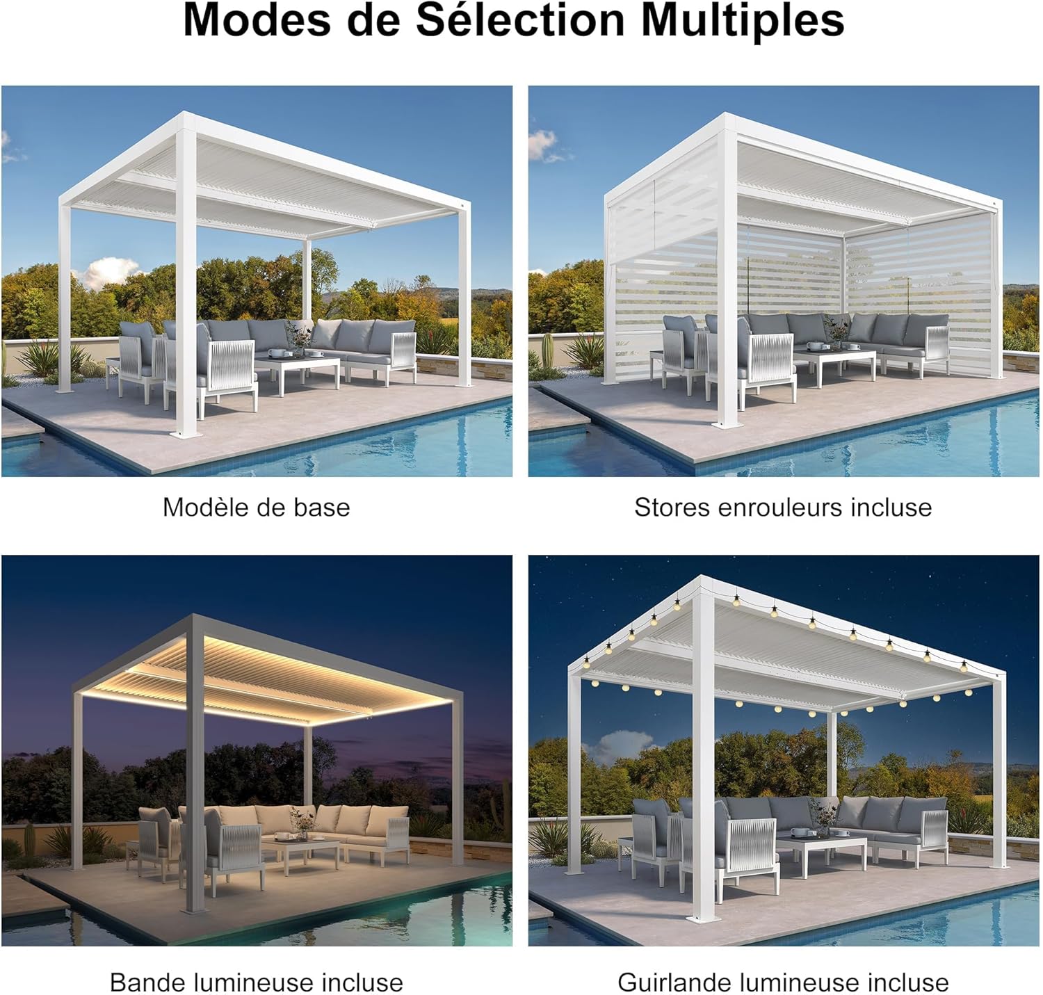etevert - pergola bioclimatique - 4,24x3m - aluminium, stores enrouleurs, lames orientables