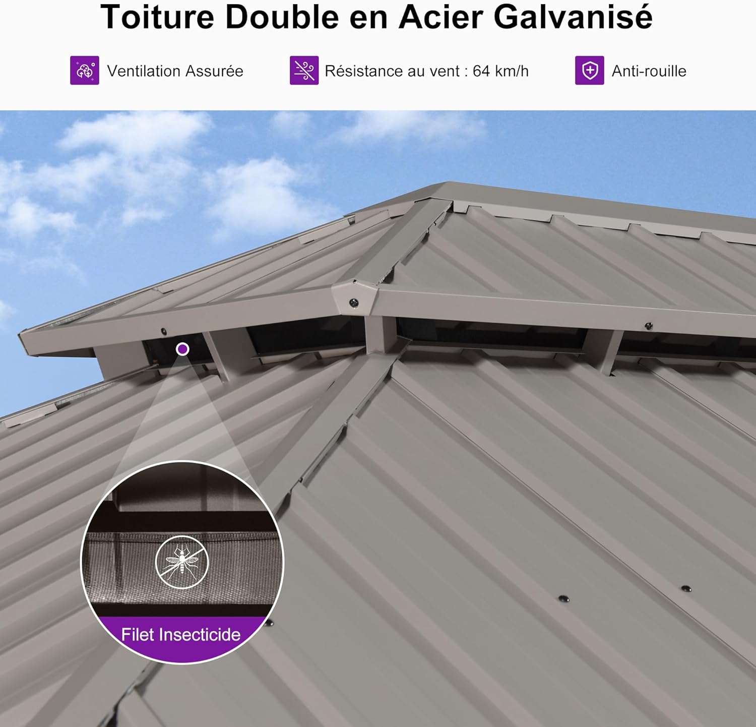 etevert Tonnelle de Jardin Extérieur 6 x 3,65 m avec Guirlande Lumineuse, Pergola Aluminium à Toit Rigide en Acier Galvanisé, Pavillon Imperméable pour Camping, Fête, Barbecue, Champagne