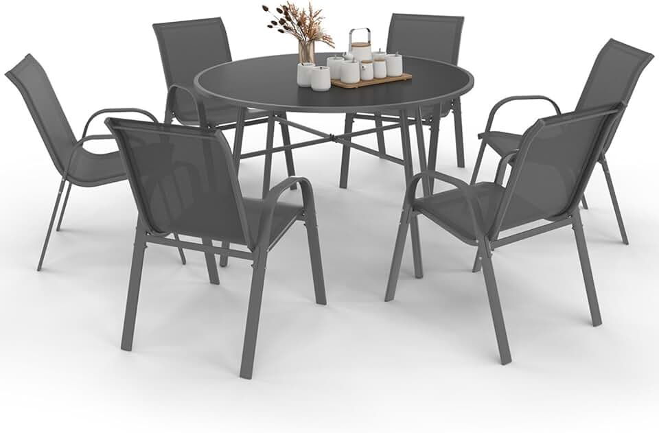 etevert - Salon Madrid - table ronde 120cm, 6 chaises empilables, gris anthracite