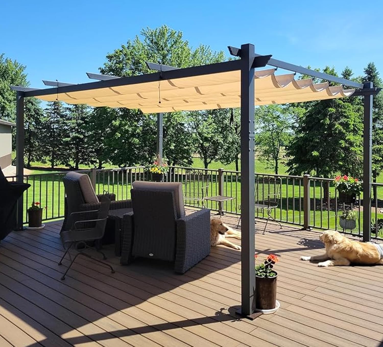 etevert - Pergola aluminium série - 4,8x3,5m - toit coulissant, tissu teint fil, kaki