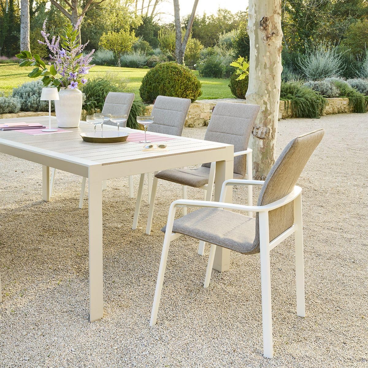 etevert - Table de jardin Évasion 8 places - aluminium, effet bois, lin et argile