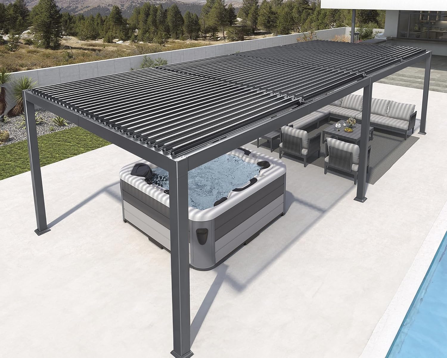 etevert - Pergola bioclimatique série - 3,5x8,5m - aluminium, lames orientables, jardin, terrasse, gris