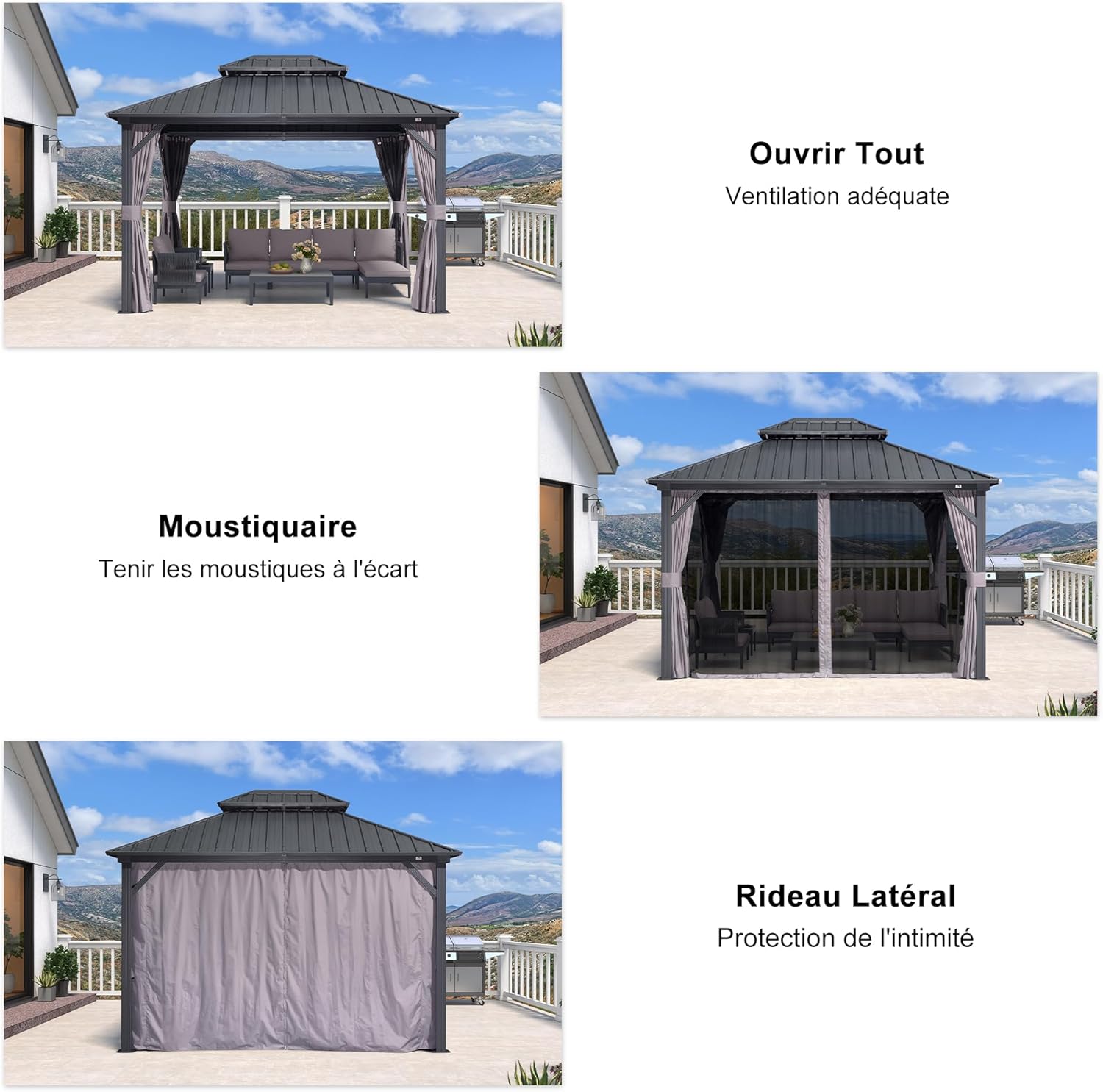 etevert - Pergola aluminium double toit 3,65x3m rideaux moustiquaire