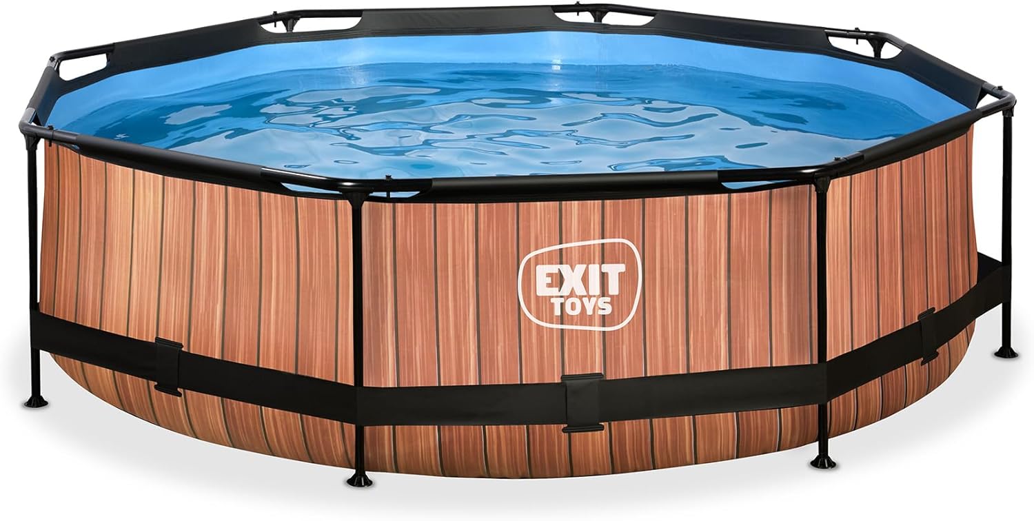 etevert Piscine Tubulaire Wood - ø300x76cm - Piscine Hors Sol Ronde avec Pompe Filtrante à Cartouche - Entrée Basse - Idéal pour Les Jeunes Enfants - Cadre Stable - Design Unique - Marron