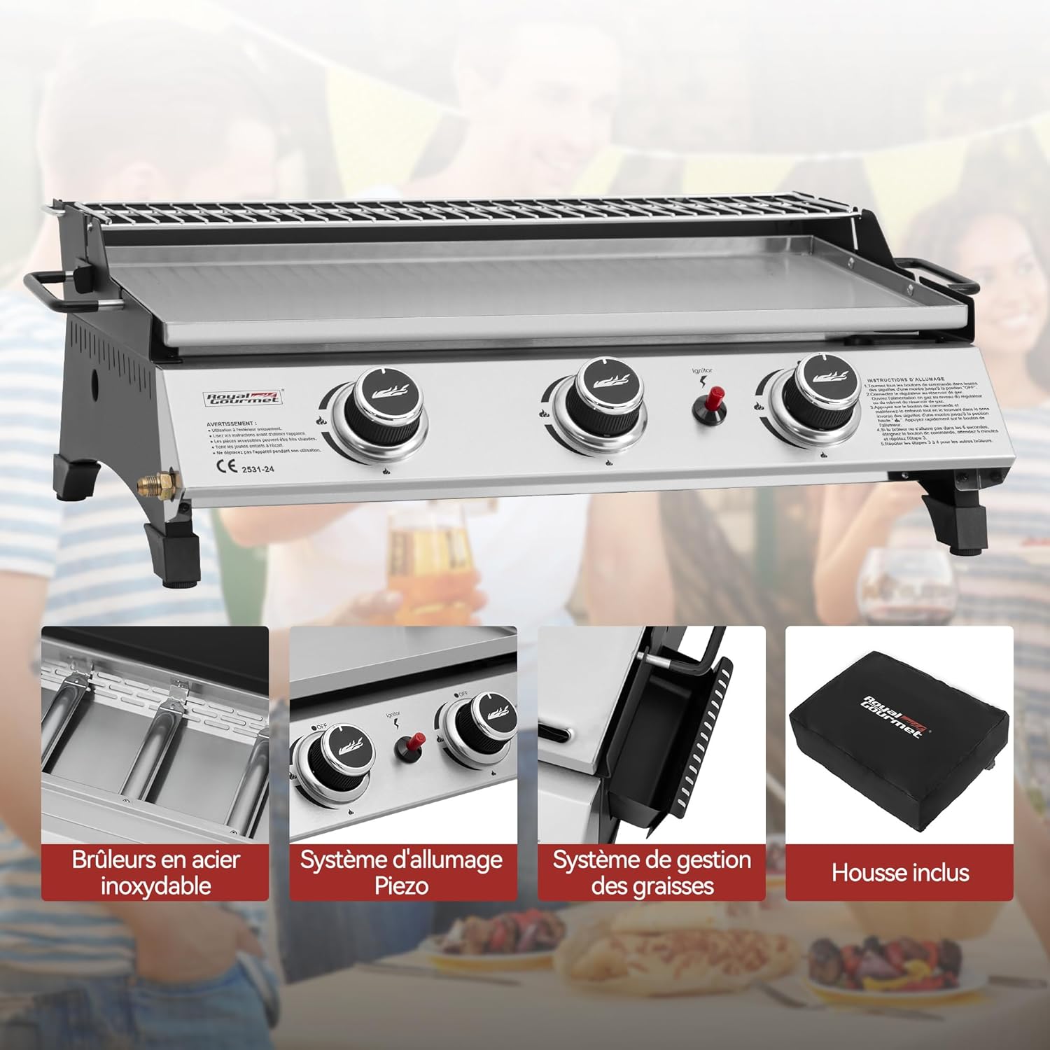 etevert - Plancha gaz inox 3 brûleurs 61,5x32cm, 7,5kW, usage extérieur