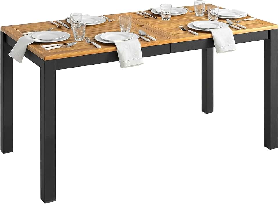 etevert - Table de jardin rectangulaire 150x75x75 cm - bois acacia, 6 places, trou parasol, 80 kg