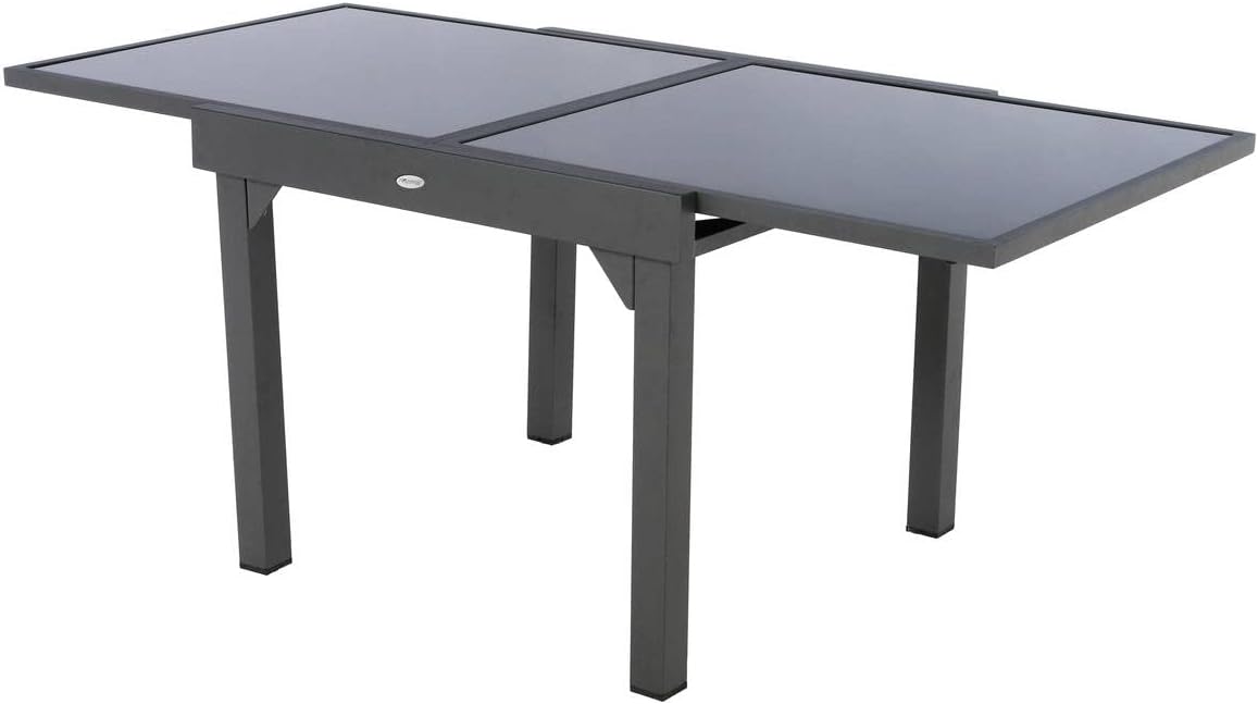 etevert - Table Piazza Gris Graphite extensible 8 places - Aluminium anti-rouille, verre trempé, rallonge coulissante.