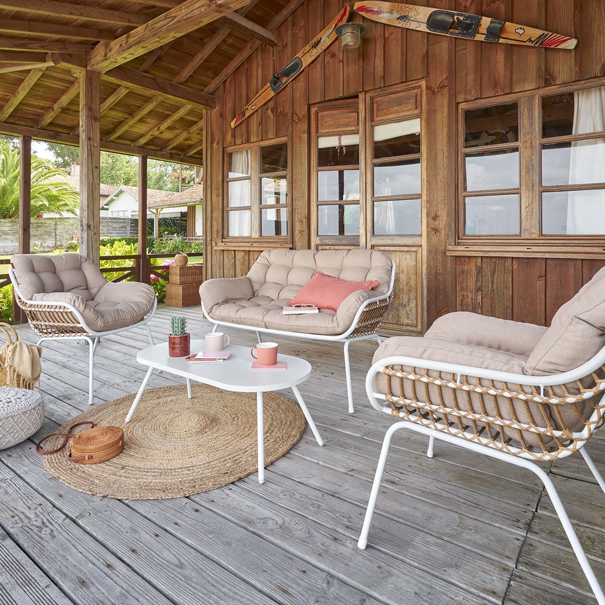 etevert - Paopao Salon de Jardin - 4 places - acier epoxy, pieds ajustables - Blanc et Beige