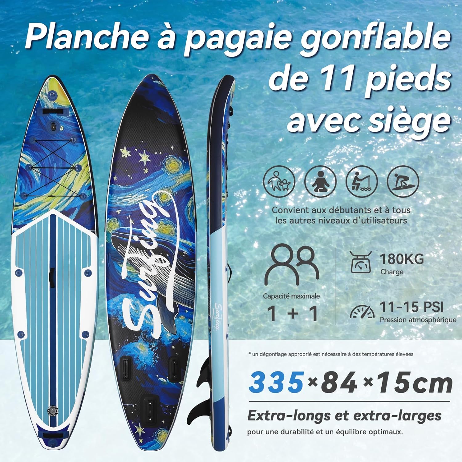 etevert - Paddle gonflable adulte 320/335cm - 2 personnes, siège kayak, pagaie, support caméra, 150kg
