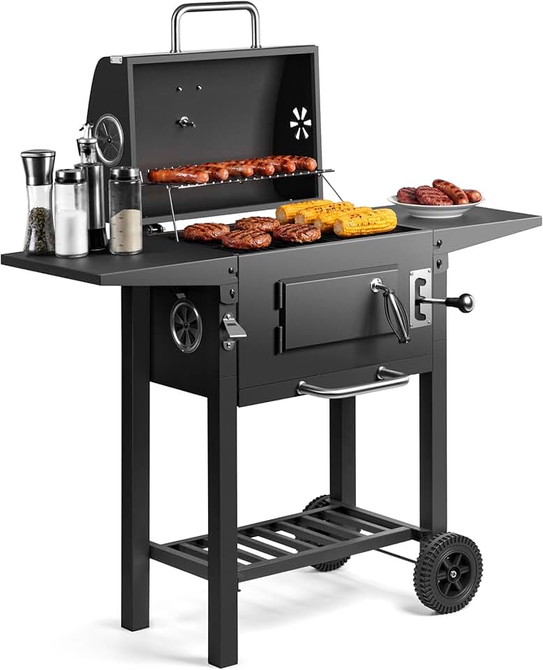 etevert - Barbecue charbon portable - hauteur réglable, grilles, roulettes, tables latérales, étagère - 78x40x90 cm