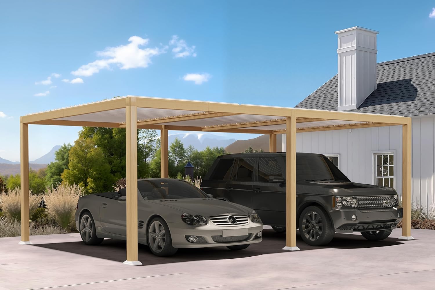 etevert - Pergola effet bois - 3.5x6.35m - LED, lames orientables, étanche
