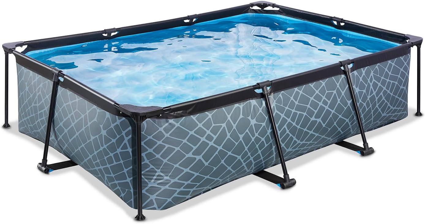 etevert Piscine Tubulaire Stone - 220x150x65cm - Piscine Hors Sol Rectangulaire avec Pompe Filtrante à Cartouche - Entrée Basse - Idéal pour Les Jeunes Enfants - Cadre Stable - Design Unique - Gris