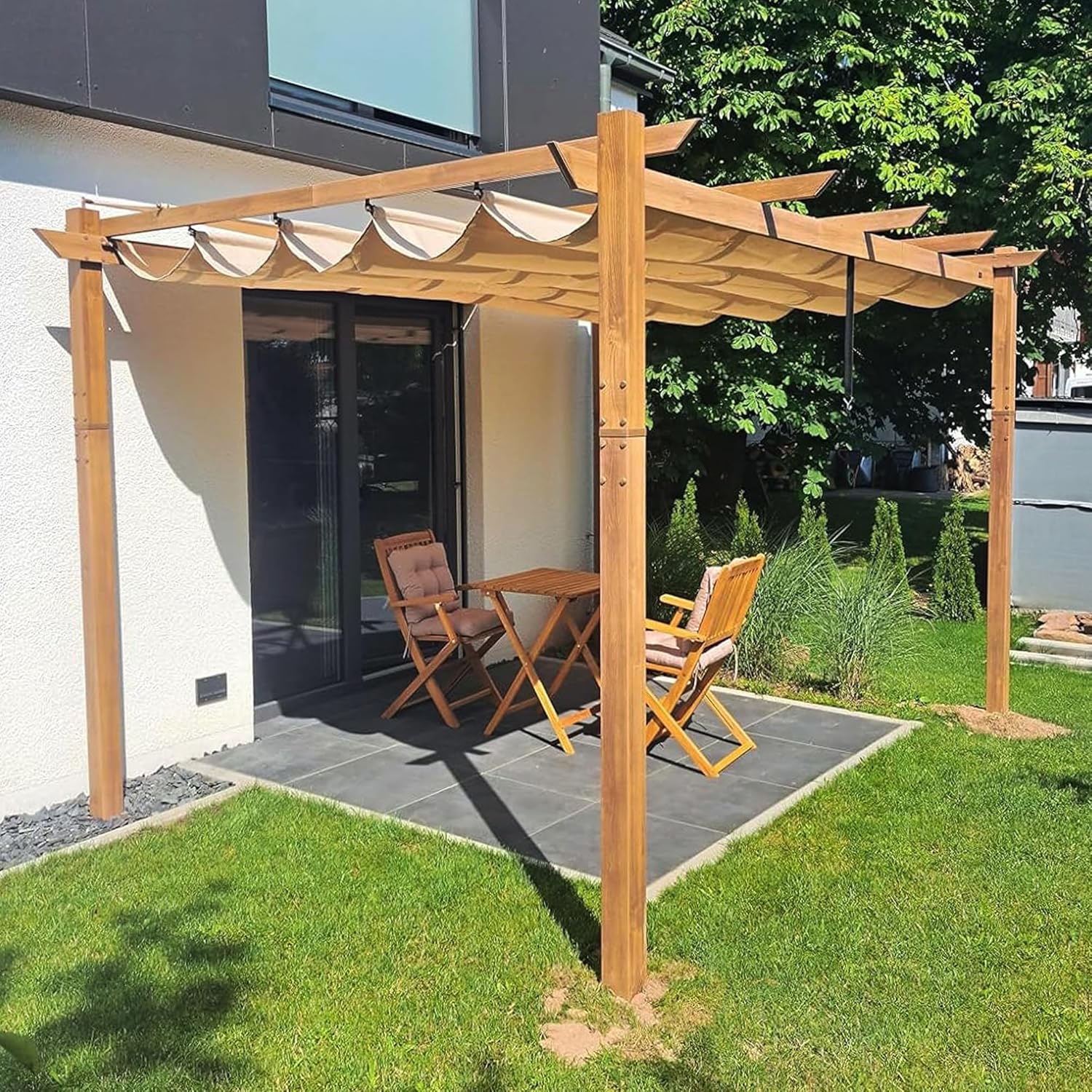 etevert - pergola aluminium 4x3m teck, toile rétractable, kaki