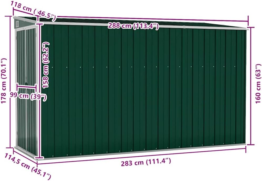 etevert Abri de Jardin Mural Vert 118x288x178 cm Acier galvanisé,Structures extérieures, Cabanes & abris de Jardin,316225