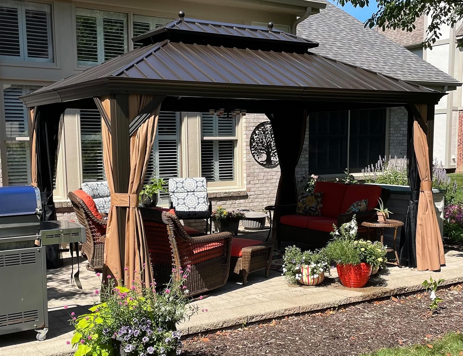 etevert - Tonnelle de Jardin 4,25x3m - Acier galvanisé, moustiquaire, rideaux, gouttière, poteaux renforcés, bronze 