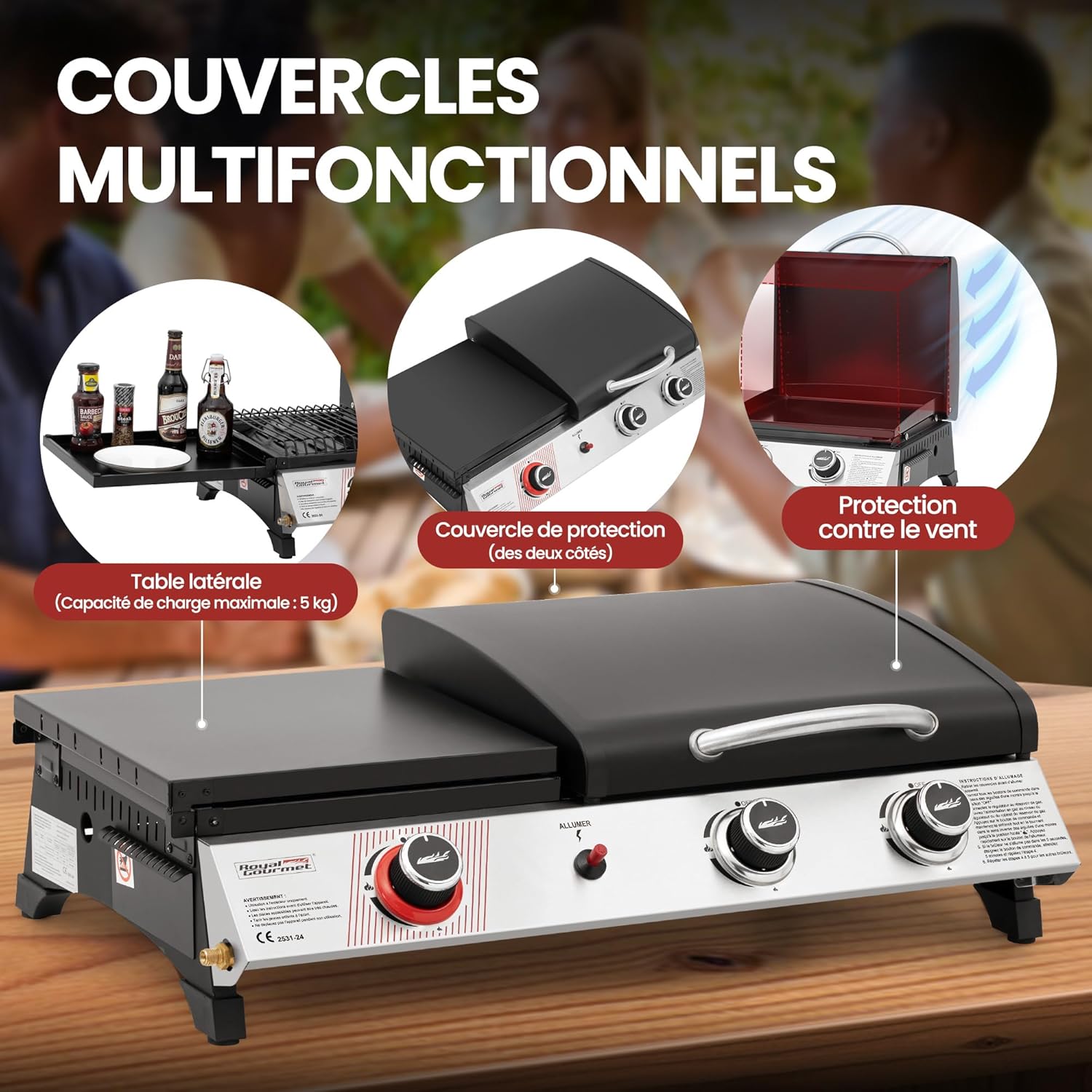 etevert - barbecue gaz 3 brûleurs - 8,5kW - plancha, grille, couvercle multifonction